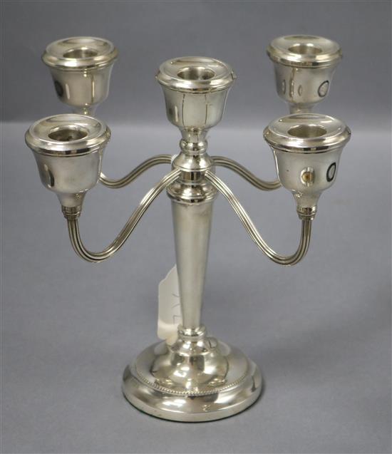 A modern silver four branch, five light candelabrum, Birmingham, 1978, 23cm.